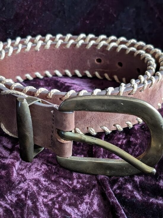 Vintage Brass and Leather Belt with Rope Edge - handsome & thick - 32\